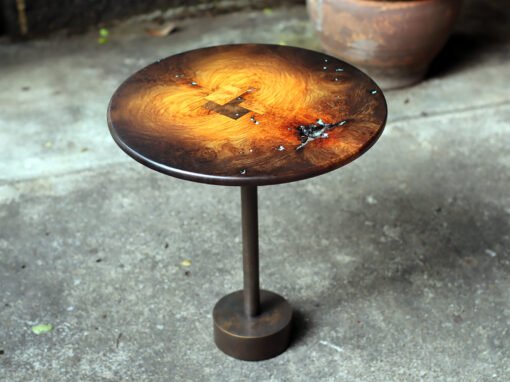 Custom Round Side Table in Fire Afzelia Burl – THB 24,000 (Sold Out)