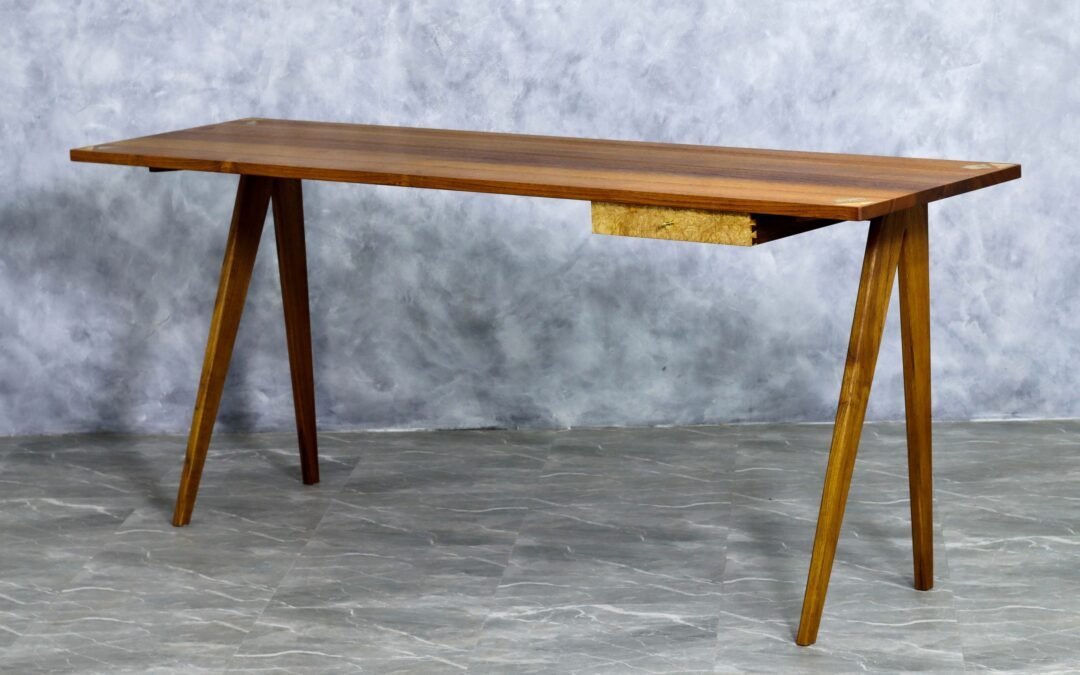 Custom Golden Teak Desk with Drawer and Brass / Ash Inlays – THB 155,000 (Sold Out)
