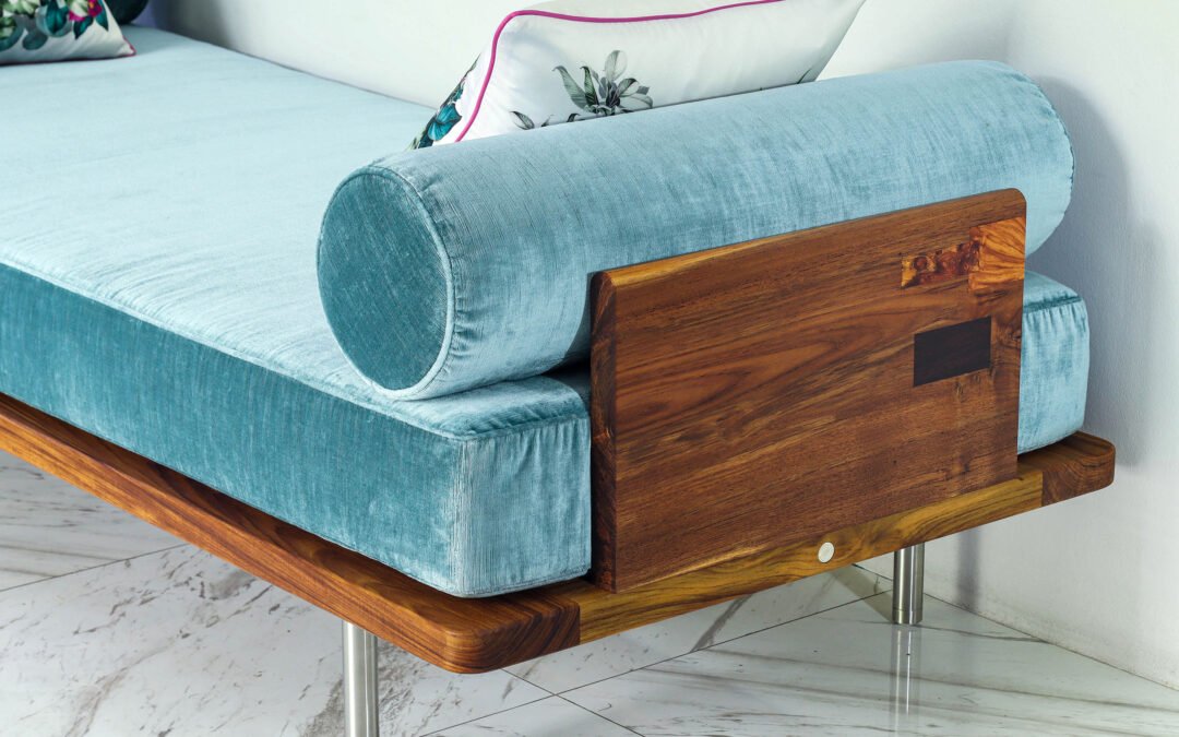 Custom Sofa / DayBed – Reclaimed Teak Wood, Silk Velvet upholstery