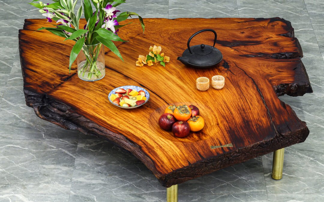 Custom Coffee Table with Sculpted Bowl, Live Edge and Solid Brass Legs – THB 160,000 (Sold Out)