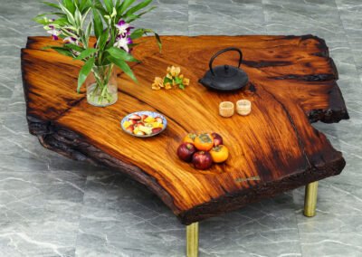 Custom Coffee Table with Sculpted Bowl, Live Edge and Solid Brass Legs – THB 160,000