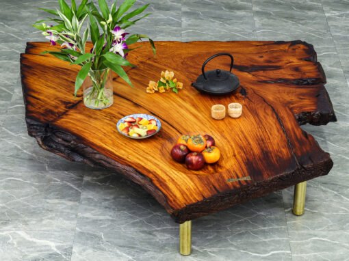 Custom Coffee Table with Sculpted Bowl, Live Edge and Solid Brass Legs – THB 160,000 (Sold Out)