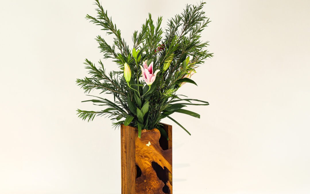 Large Live Edge Teak Flower Vase with Brass Butterfly (1) – THB 48,000