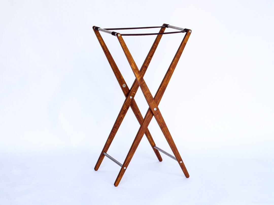 Butler tray stand in Golden Teak, stainless steel and leather