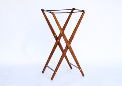 Butler tray stand in Golden Teak, stainless steel and leather