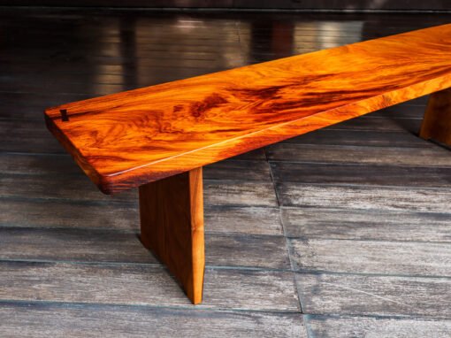 Seating bench in flame patterned reclaimed Makha wood – THB 68,000