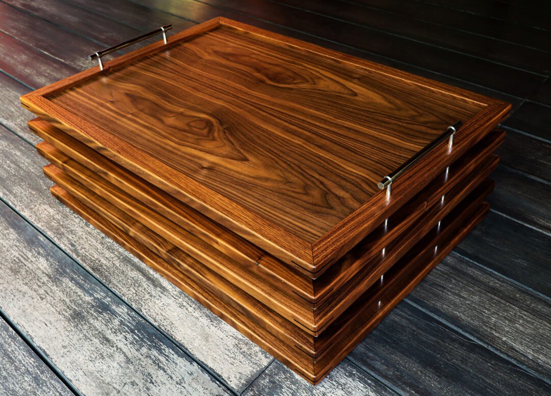 Serving Trays in Walnut with nickel brass handles for Taymouth Castle (Scotland, UK)