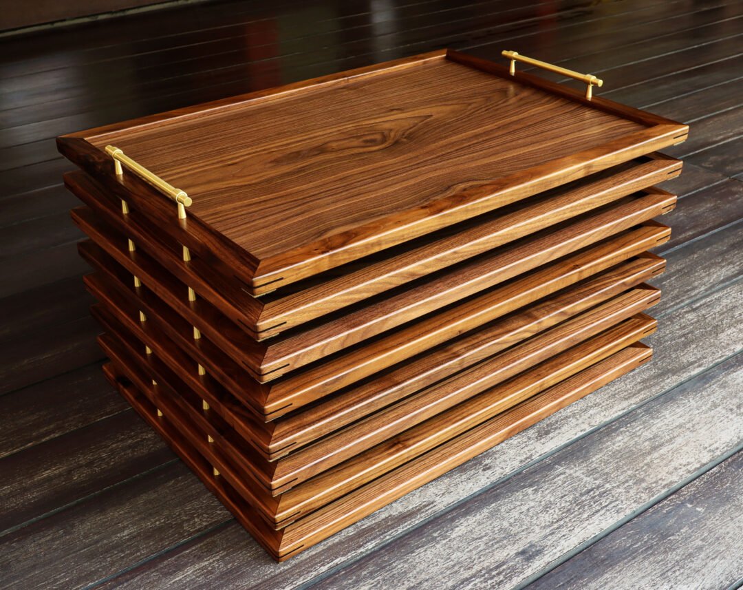 Serving Trays in Walnut with solid brass handles for Taymouth Castle (Scotland, UK)