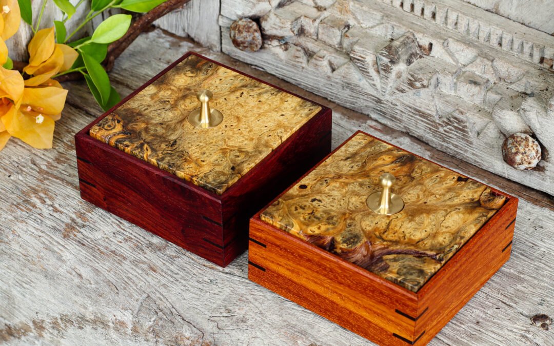 Set of 2 Jewelry Boxes In Golden Burl Wood, Brass and Silk – THB 25,000 (Sold Out)