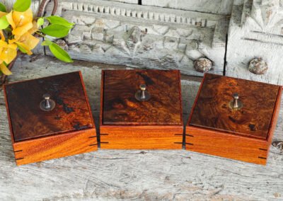 Set of 3 Jewelry Boxes In Amber Burl Wood, Brass and Silk – THB 35,000 (Sold Out)