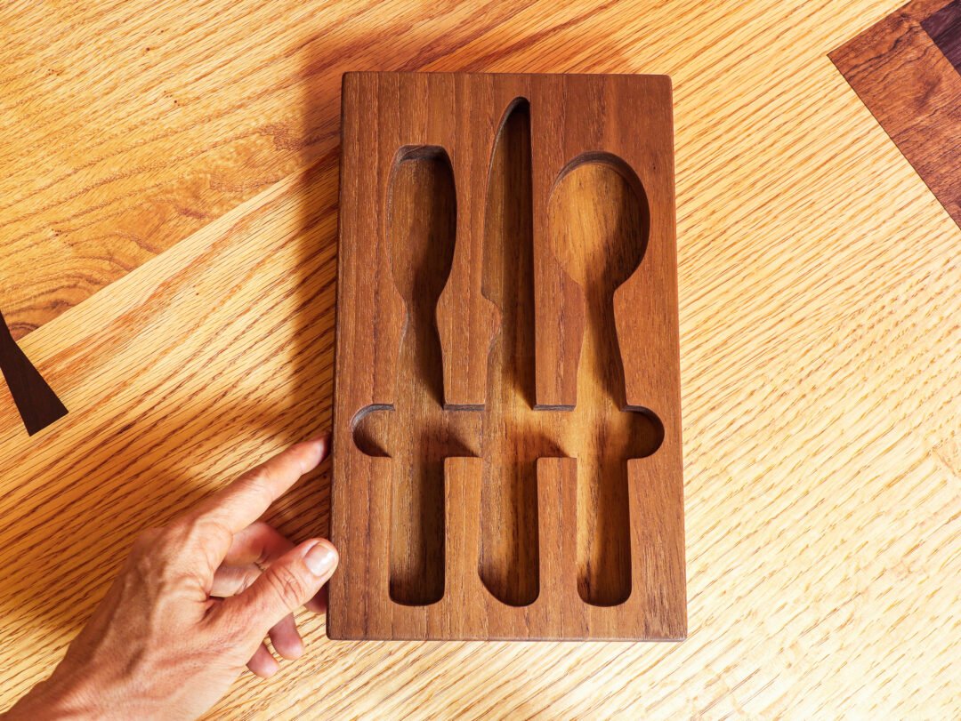 Carved Cutlery Tray in Vintage Golden Teak for Ms Maria & Mr Singh